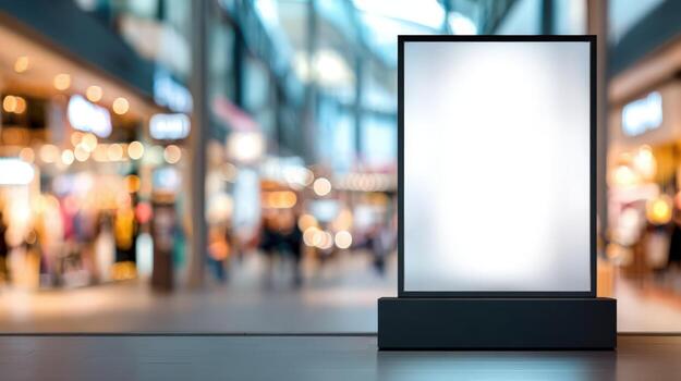 Blank advertising billboard with space to add message, promotion in front of blurry shopping center photo