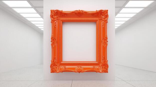 Ornate Orange Picture Frame Mockup in a Modern Gallery Space for Art Display photo