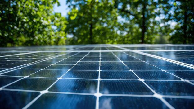 Solar Panel Array Reflecting Sky and Trees, Sustainable Energy Generation in a Green Environment photo