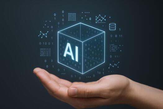 artificial inteligencia concepto mano participación ai cubo con datos visualización en un oscuro antecedentes foto