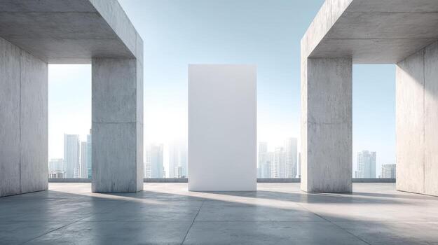 Modern Architecture Minimalist Concrete Structure with Blank White Board for Advertisement Presentation in Urban Setting photo