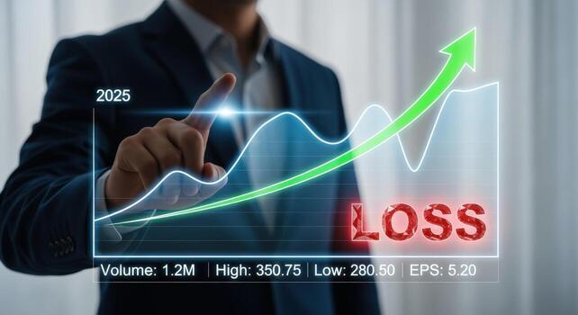 Business Analysis Showing Potential Loss with Upward Arrow and a Person Pointing at the Screen photo