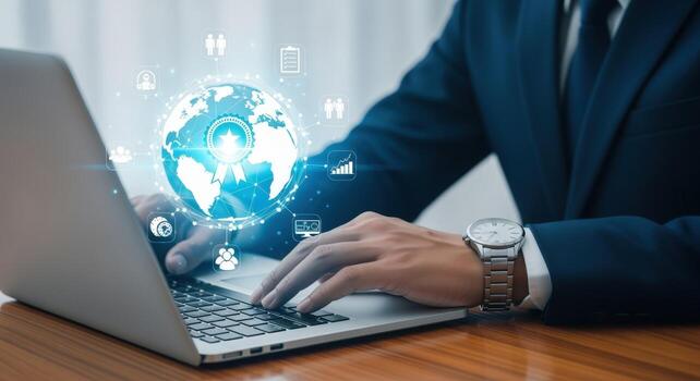 Global Business Technology Concept Businessman Working on Laptop with Digital Globe and Network Icons photo