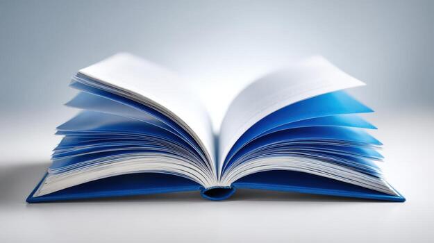 Open Book Displaying Blank Pages for Educational or Business Purposes with Blue Accents on Pages and Binding photo