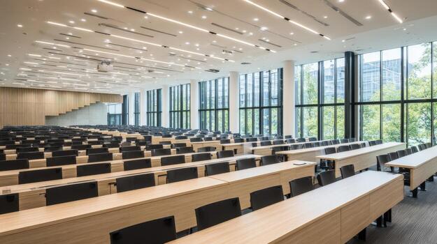 Spacious University Lecture Hall with Abundant Natural Light and Modern Design, Ideal for Academic Presentations photo