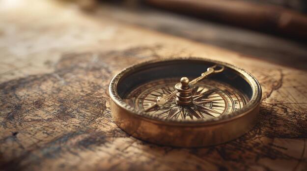 Antique Brass Compass Resting on Old Map, Representing Exploration, Discovery, and Adventure photo