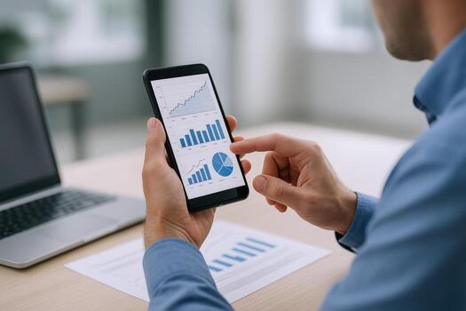 Analyzing Financial Data on Smartphone Businessman Reviewing Charts and Graphs for Investment Decisions photo