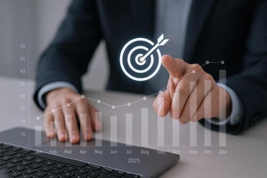 Businessperson Aiming for Goals with Technology and Data Analysis, Graph, and Chart Visualizations for Business Success photo