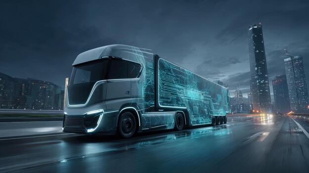Futuristic Semi Truck on Highway with Digital Overlay Displaying Technology and Innovation in Transportation photo