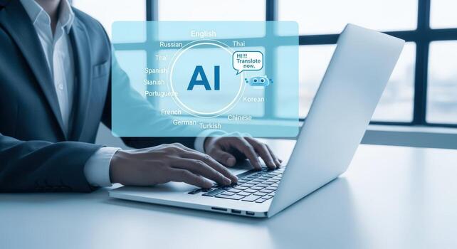 AI Integration Concept Man Typing on Laptop with Artificial Intelligence Interface Overlaying the Screen photo