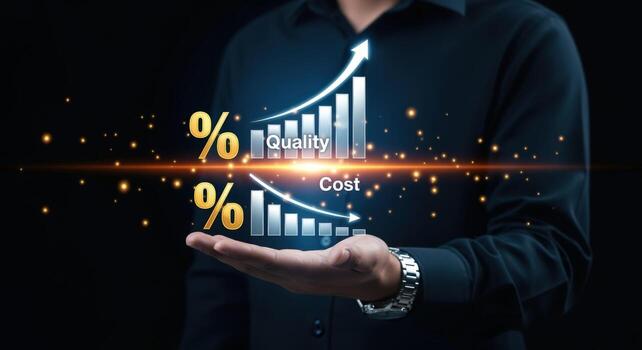 Quality and Cost Optimization Concept Man Holding Holographic Graph Representing Business Growth and Efficiency photo