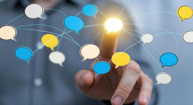 Digital Communication Network Concept Man Interacting with Glowing Speech Bubbles Representing Connectivity and Global Communication photo