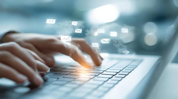 Hands Typing on Laptop with Digital Email Icons Overlayed, Representing Global Communication and Connectivity photo