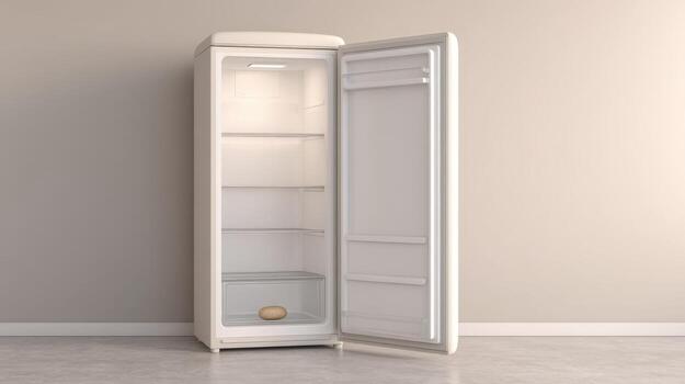 Empty Refrigerator with One Potato Inside, Symbolizing Food Scarcity and Economic Hardship on Clean Background photo