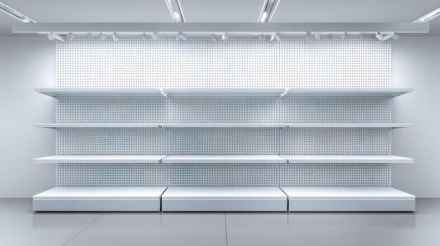 Clean White Retail Display Shelves in Modern Store Setting for Product Presentation and Marketing photo