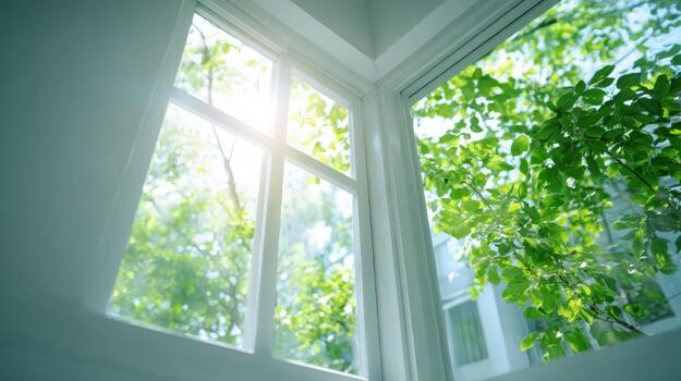 Bright Window View with Lush Greenery, Natural Light, and a Peaceful Atmosphere for Relaxation photo