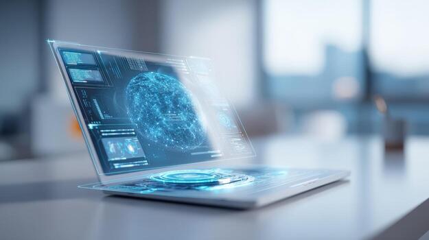 Futuristic Laptop Displaying Advanced Artificial Intelligence Brain Simulation, Ideal for Technology and Science Concepts photo