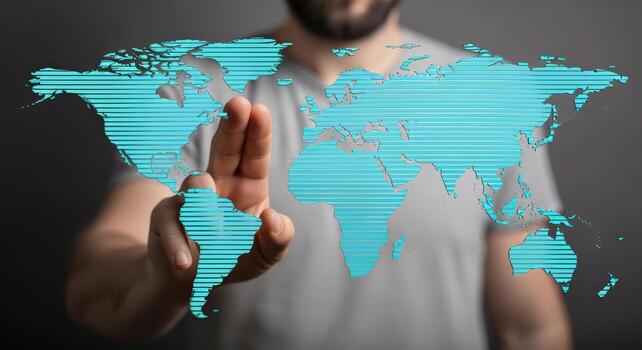 Global Business Network Connection Man Interacting with Digital World Map for International Collaboration and Technology Concepts photo