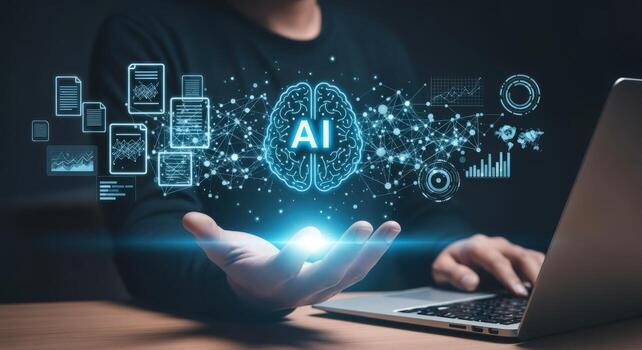 Artificial Intelligence Concept Person Holding AI Brain Hologram Above Laptop, Representing Future Technology photo