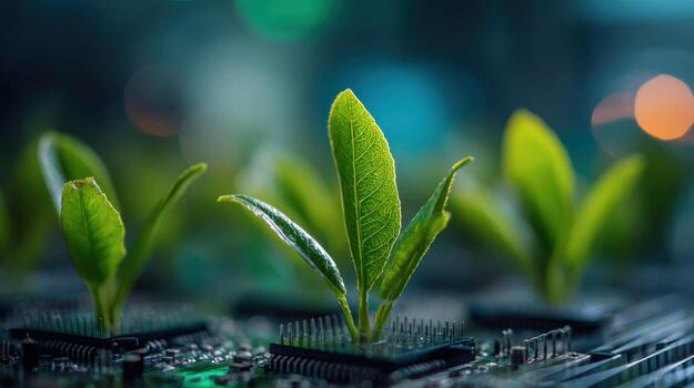 Green Technology Concept Seedlings Growing from Computer Circuitry, Highlighting Sustainable Tech and Environmental Innovation photo