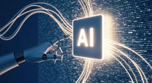 Artificial Intelligence Futuristic Concept Robot Hand Interacting with AI Interface on Digital Data Background photo