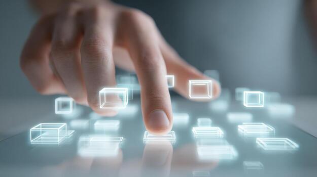 Persons Finger Interacting with Futuristic Interface Digital Transformation, Innovation, and Virtual Reality Concept photo