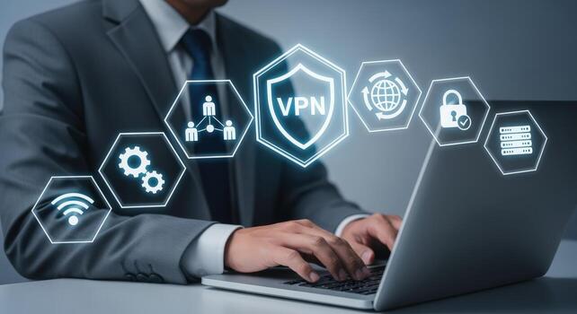 Businessman using VPN service on laptop for secure internet connection and online privacy protection with digital interface photo