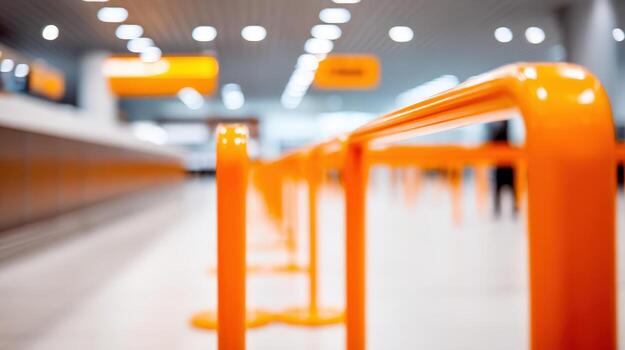 Bright Orange Queue Barrier System Guiding Passengers in a Modern Airport Terminal Waiting Area photo