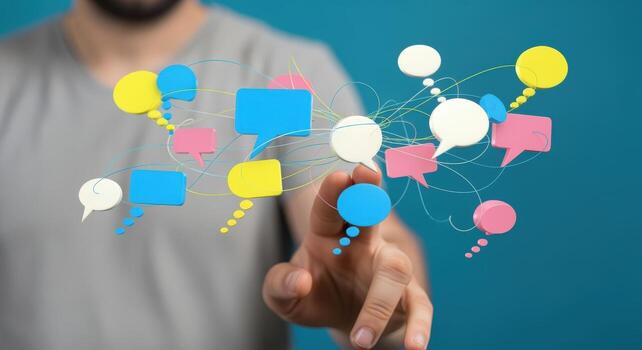 Digital Communication Network Hand Touching Virtual Speech Bubbles Representing Connection and Social Interaction photo