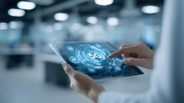 5G Technology on Tablet Person Interacting with High-Speed Network Interface, Futuristic Tech Concept photo