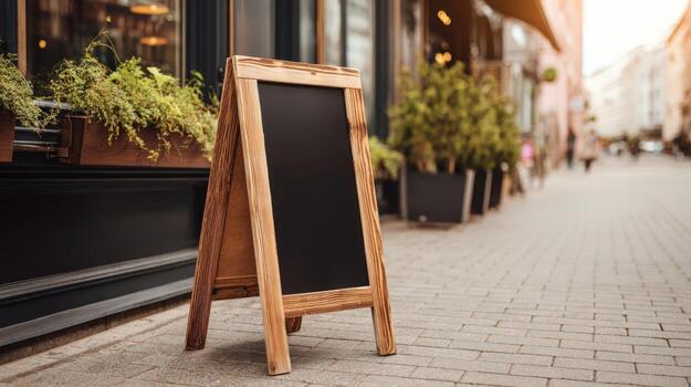 Blank chalkboard A-frame sign on city sidewalk for menu, promotion, or marketing message display photo