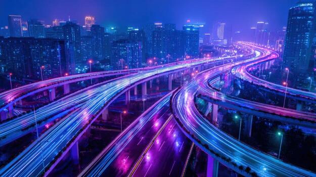Futuristic Cityscape at Night with Illuminated Highway Overpasses and Modern Architecture, Representing Urban Development photo