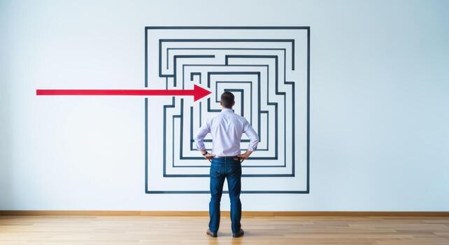 Strategic Man Finds Direct Path Through Maze, Symbolizing Problem Solving and Innovative Solutions photo