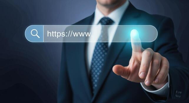 Businessman Interacting with Search Bar Interface, Exploring Online Information and Digital Opportunities in the Technological Era photo