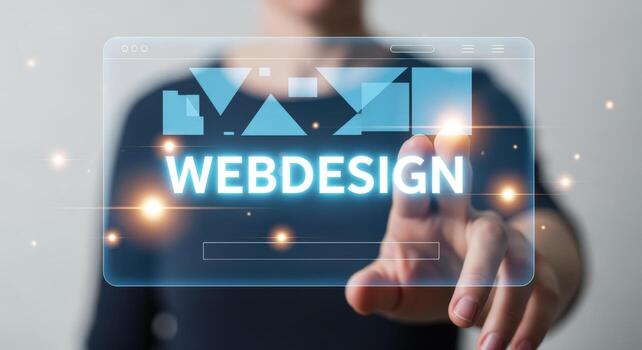 Person Taps Holographic Web Design Interface Modern Technology, Future UI, and Digital Innovation Concept photo