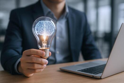 Innovative Businessman Holding a Light Bulb with a Brain Inside, Symbolizing Creative Thinking and Artificial Intelligence photo