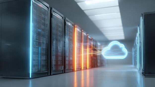 Data Center with Cloud Computing Visualization Server Racks and Futuristic Technology Concept photo