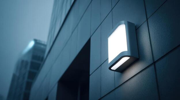 Illuminated Signage on Modern Building Facade at Dusk with Contemporary Architectural Design Elements photo