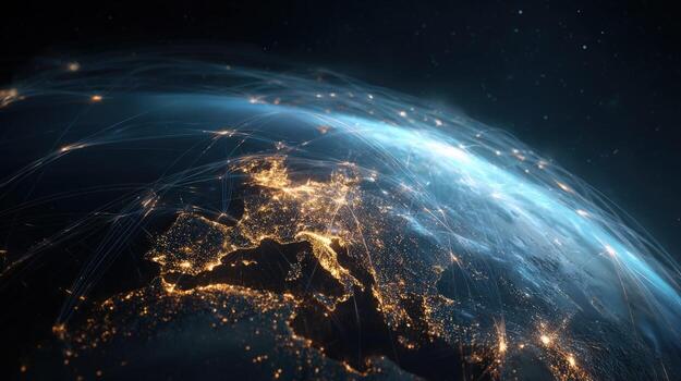 Earth From Space Global Network of Connections, Data Transmission, High-Tech Innovation, Telecommunications Concept photo