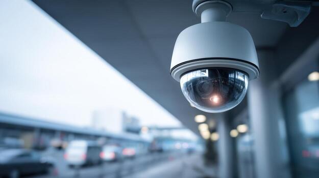 Surveillance Camera on Building Exterior Monitoring City Traffic, Security System Equipment with Urban Background photo