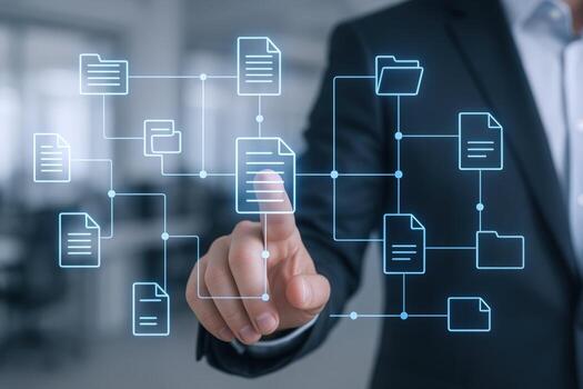 Document Management System Visualization A Businessman Interacts with Digital File Organization Interface on Screen photo