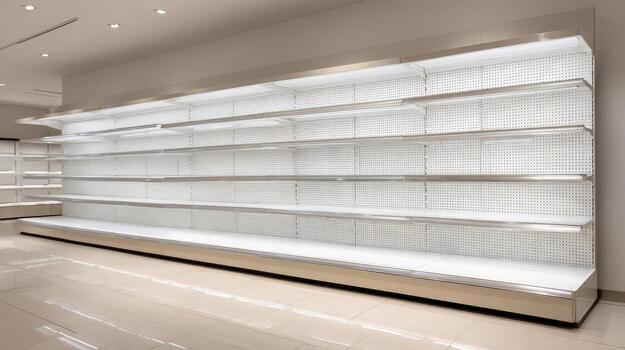 Empty Retail Shelves in Modern Supermarket, Ready for Stocking Merchandise and Display photo