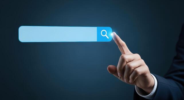 Search Bar Conceptual Image Hand Activating Online Search Function with Magnifying Glass Icon photo