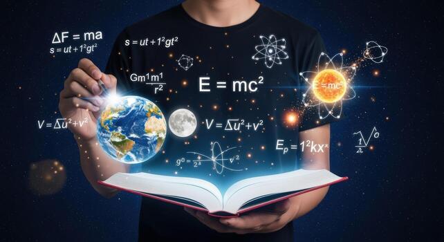Conceptual depiction of physics and science Man holding an open book with emerging formulas, planets, and scientific elements photo