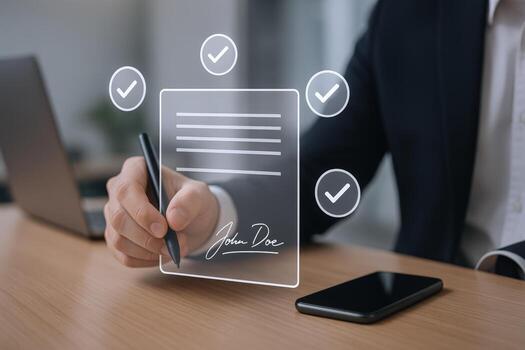 Electronic Signature Concept Businessman Signing Digital Document with Checkmarks on a Clear Interface photo