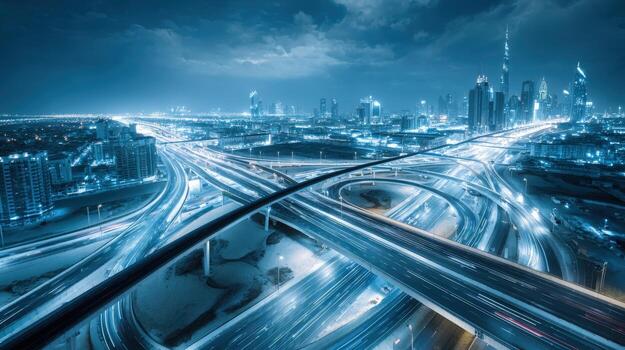 Aerial View of Urban Cityscape at Night with Highway Interchange and Futuristic Architecture photo