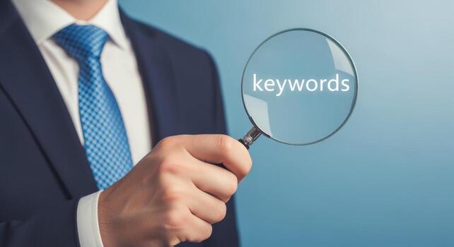 Businessman Holding Magnifying Glass Over Keywords Search Engine Optimization and Content Strategy Concept photo