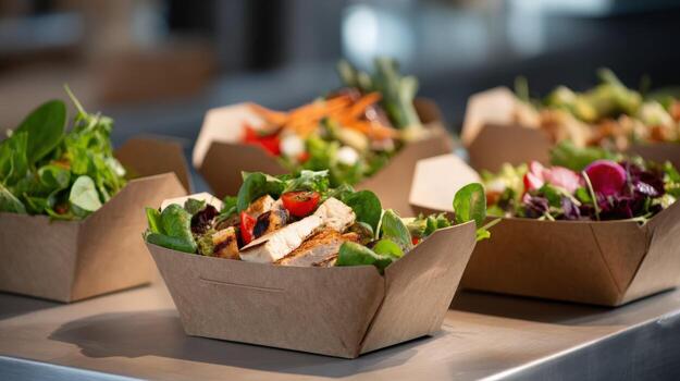 Fresh Salad Takeout in Cardboard Containers Healthy Lunch Options for Delivery and Restaurant Menus photo