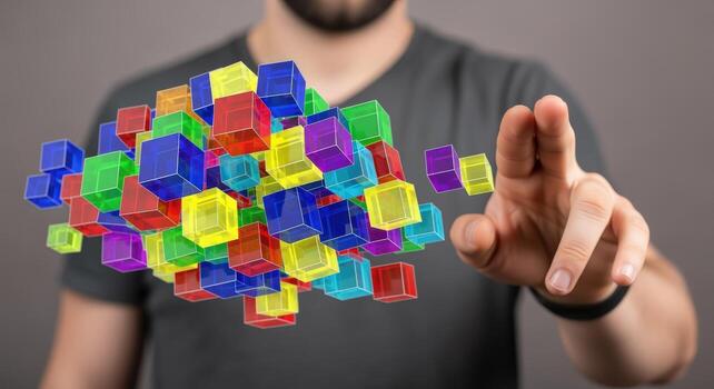 Colorful Cubes Hovering Around a Persons Hand, Representing Technology, Innovation, and Modern Digital Solutions photo