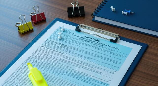 Form I-485 on clipboard, essential document for adjustment of status, with stationery items on a wooden desk photo